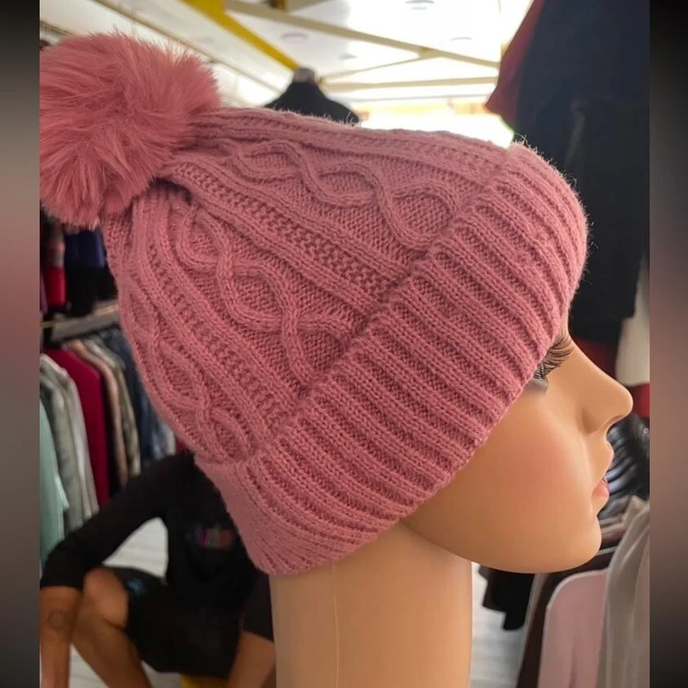 Pink Knit Beanie with Pom Pom and HAPPY Patch – Cozy Winter Hat for Women mt39